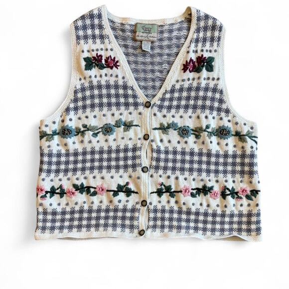 American Vintage Sweaters - 90s Knit Cream Sweater Vest – Cottagecore Floral Embroidered XXL
